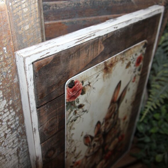 NEW Large Rustic Distressed Bunny Rabbit Pair & Wild Flower Farmhouse Wall Decor - Picture 4 of 6